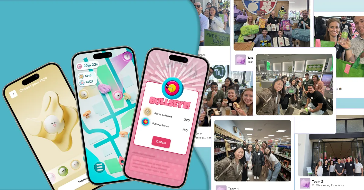 ReadySet app screens beside photos of CJ America teams exploring Los Angeles retail locations during their scavenger hunt.