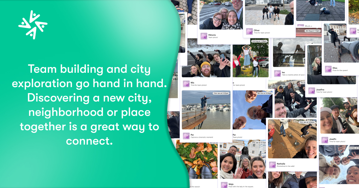 A wall of photo-challenge submissions from players exploring streets, squares and waterfronts.