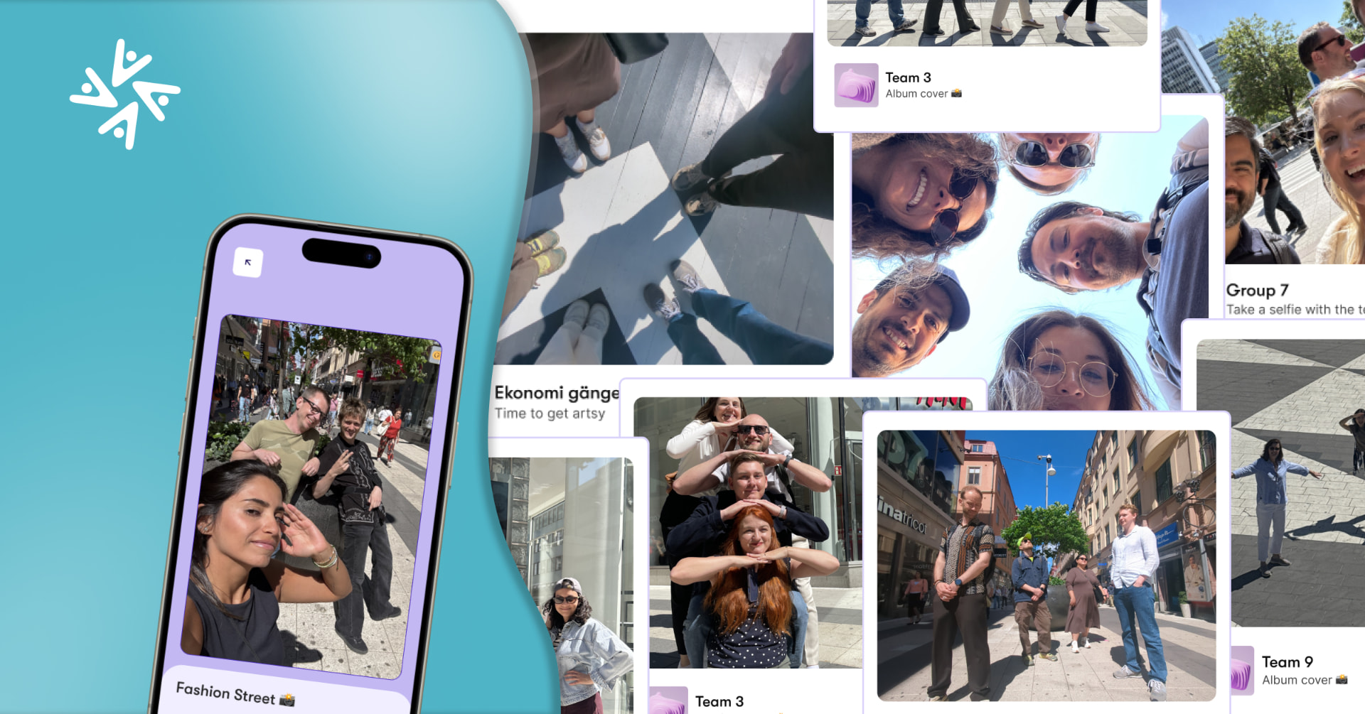 ReadySet app photo challenge on a phone beside a wall of team selfies and group photos taken across central Stockholm.