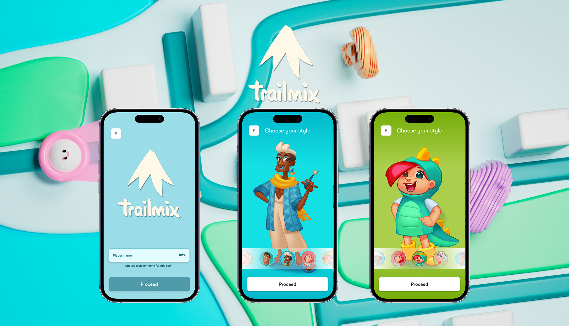 Three iPhones showing the Trailmix-branded ReadySet experience — splash screen, character select with a styled adventurer, and avatar select with a green dinosaur costume — set against Trailmix's pastel toy-world background.