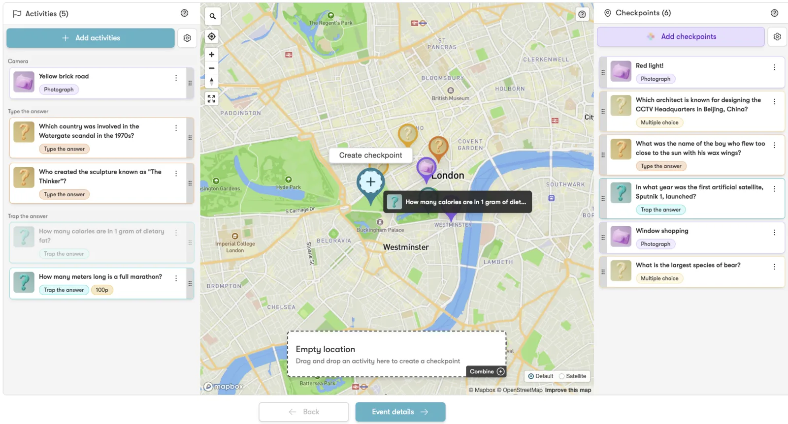 ReadySet Studio map view with activities and checkpoints
