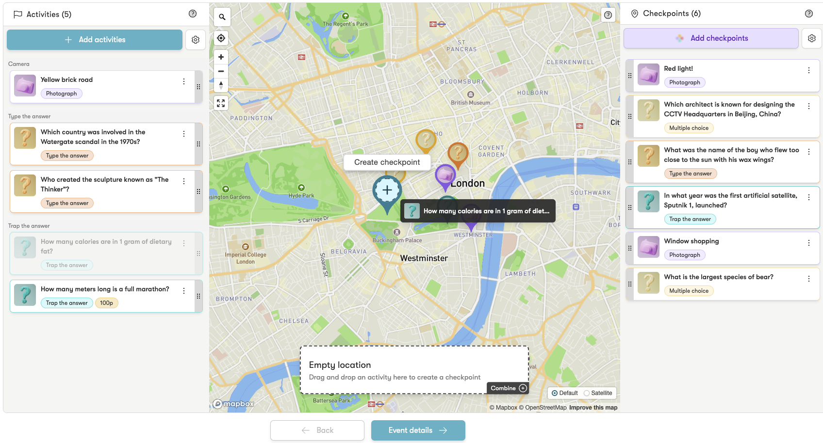 ReadySet Studio map view with activities and checkpoints