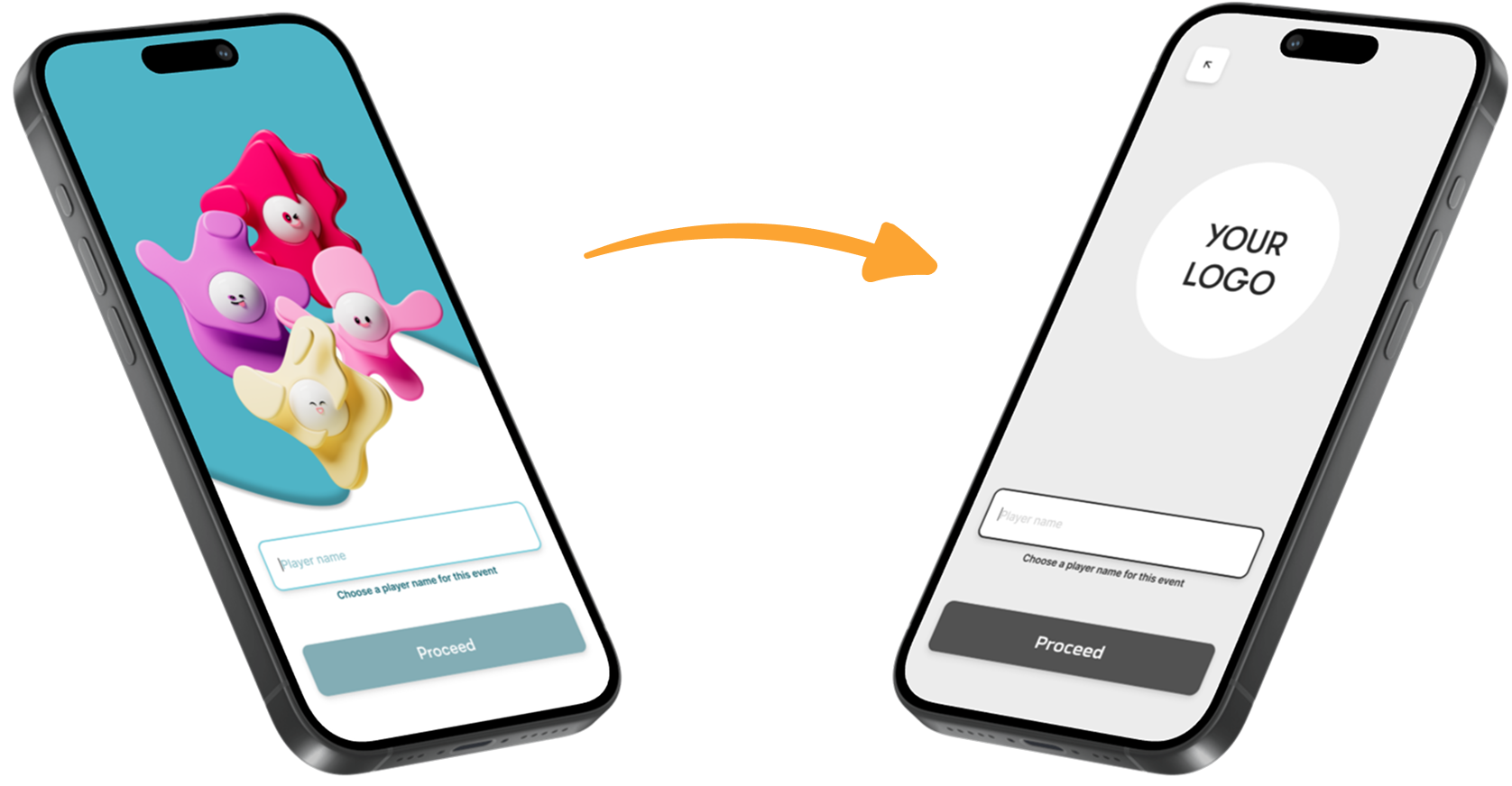 Two phones side by side: ReadySet's default branded app on the left, a fully white-labeled version with 'Your Logo' on the right.