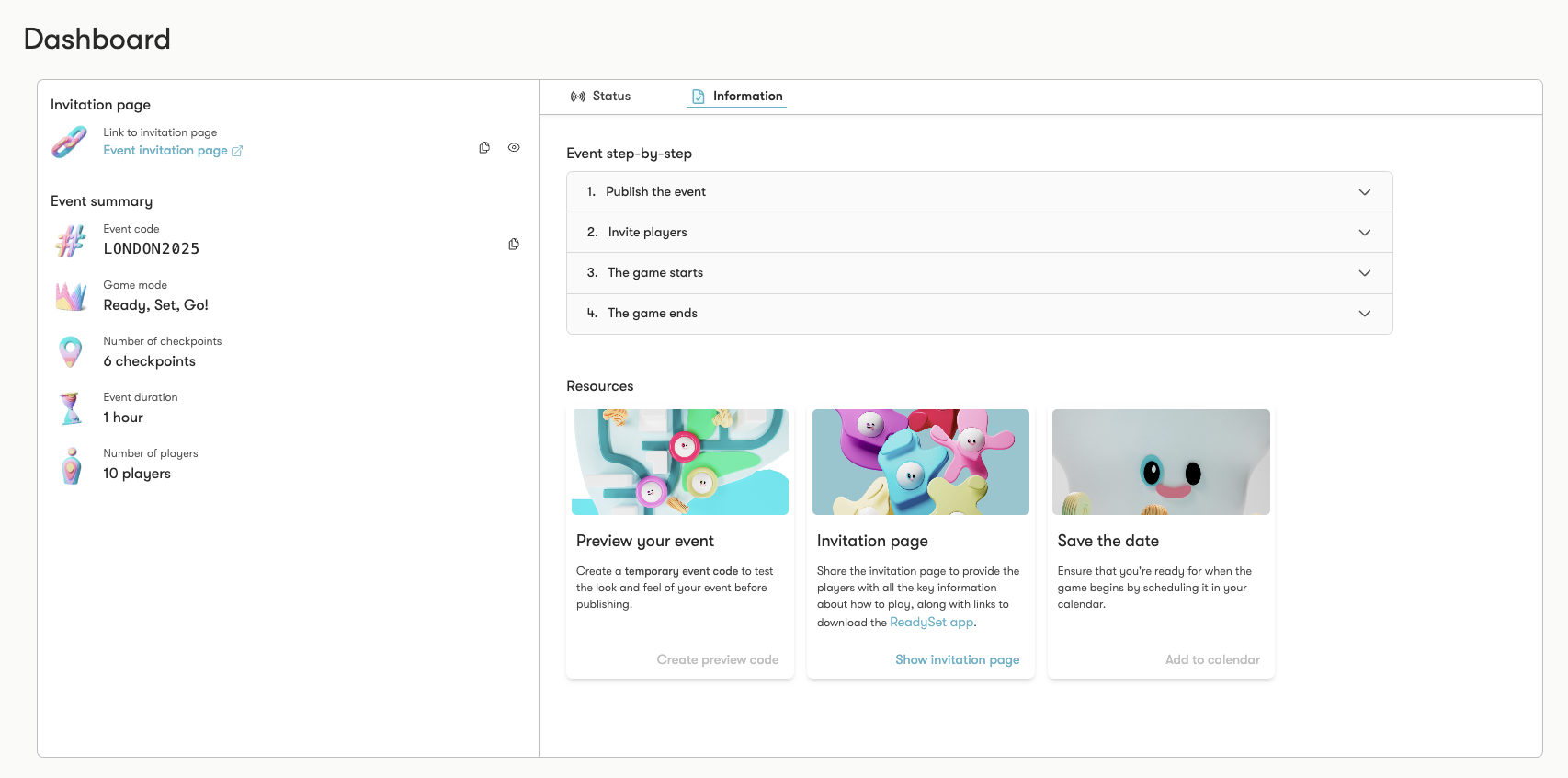 Event dashboard with invitation page, event summary, and step-by-step guide