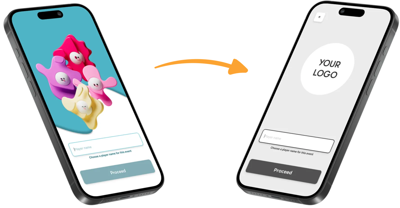 Two phones side by side: ReadySet's default branded app on the left, a fully white-labeled version with 'Your Logo' on the right.