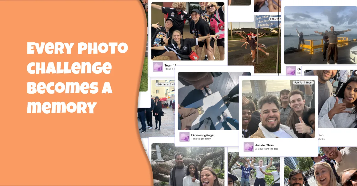 Collage of team photo challenge submissions from a ReadySet event, captioned 'Every photo challenge becomes a memory'.