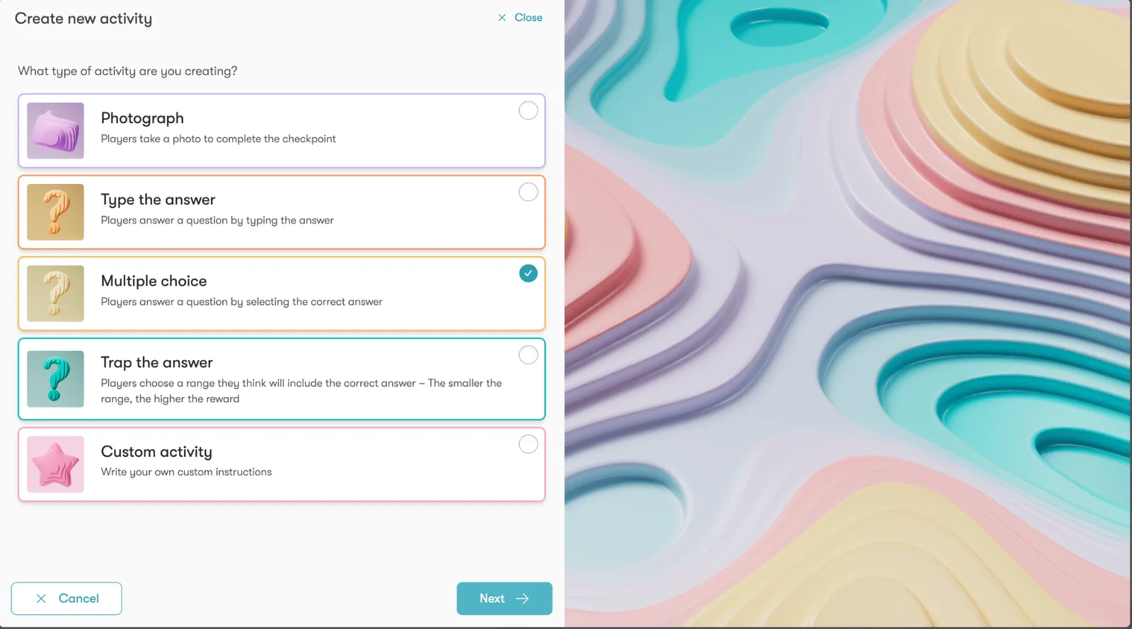 Create new activity dialog with activity type options