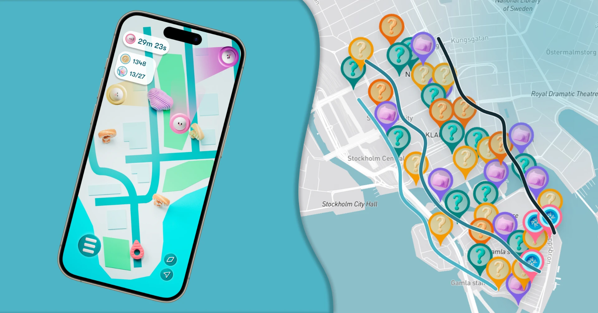 The ReadySet app showing a live game map beside a map of central Stockholm with three separate routes and dozens of coloured checkpoint pins.