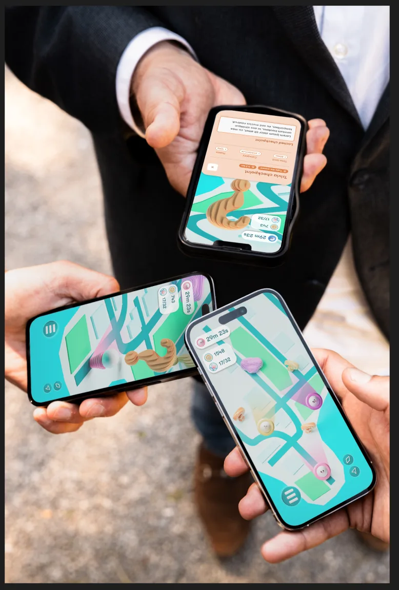A player holding a phone outdoors with the ReadySet leaderboard live on screen