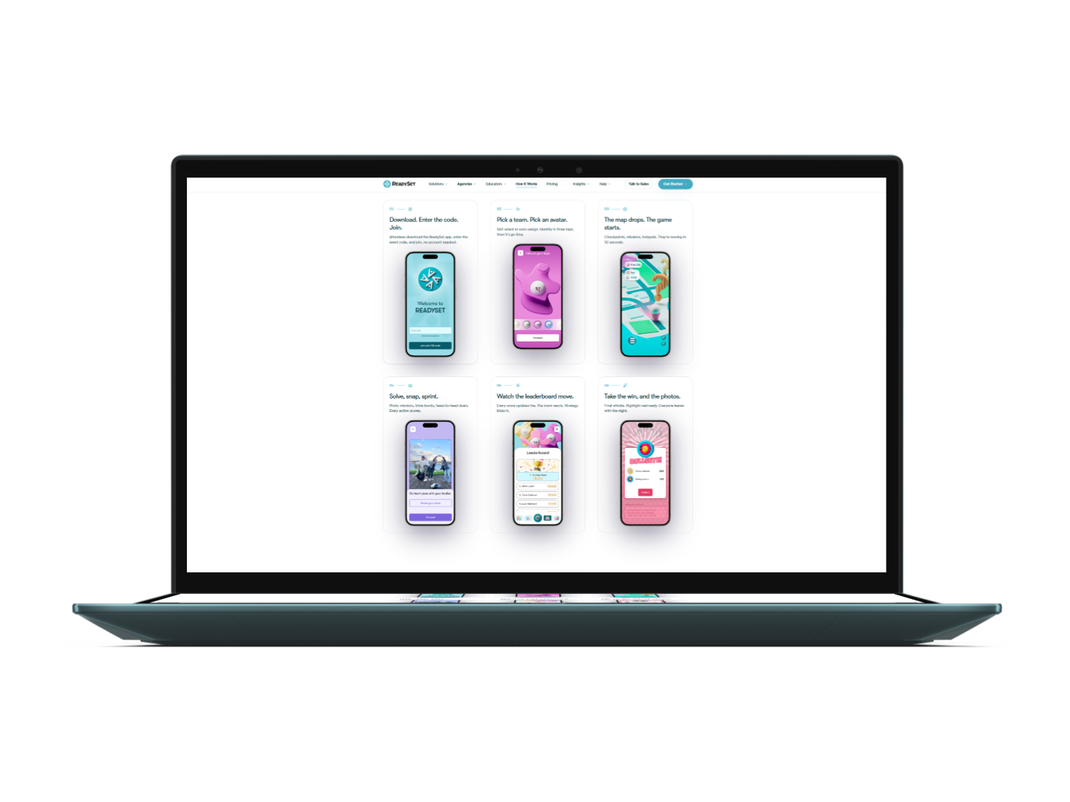 The new ReadySet website shown on a laptop, displaying the six-step gameplay walkthrough with iPhone mockups for join, avatar, map, missions, leaderboard and recap.