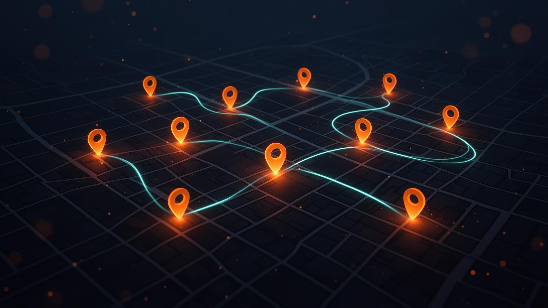 Stylised dark city map with glowing ember checkpoint pins and cyan progress trails connecting them across the streets.