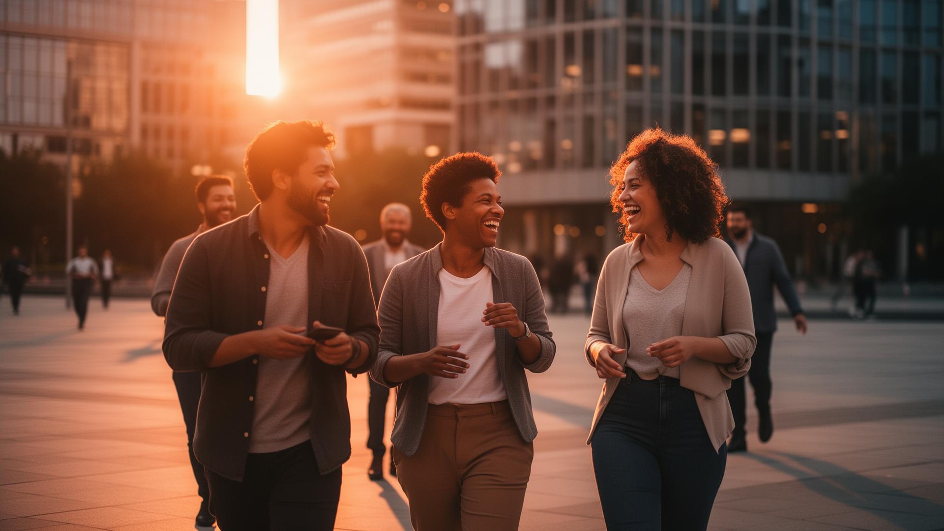 A small group of colleagues walking through a modern city plaza at golden hour, mid-conversation, sharing a laugh.