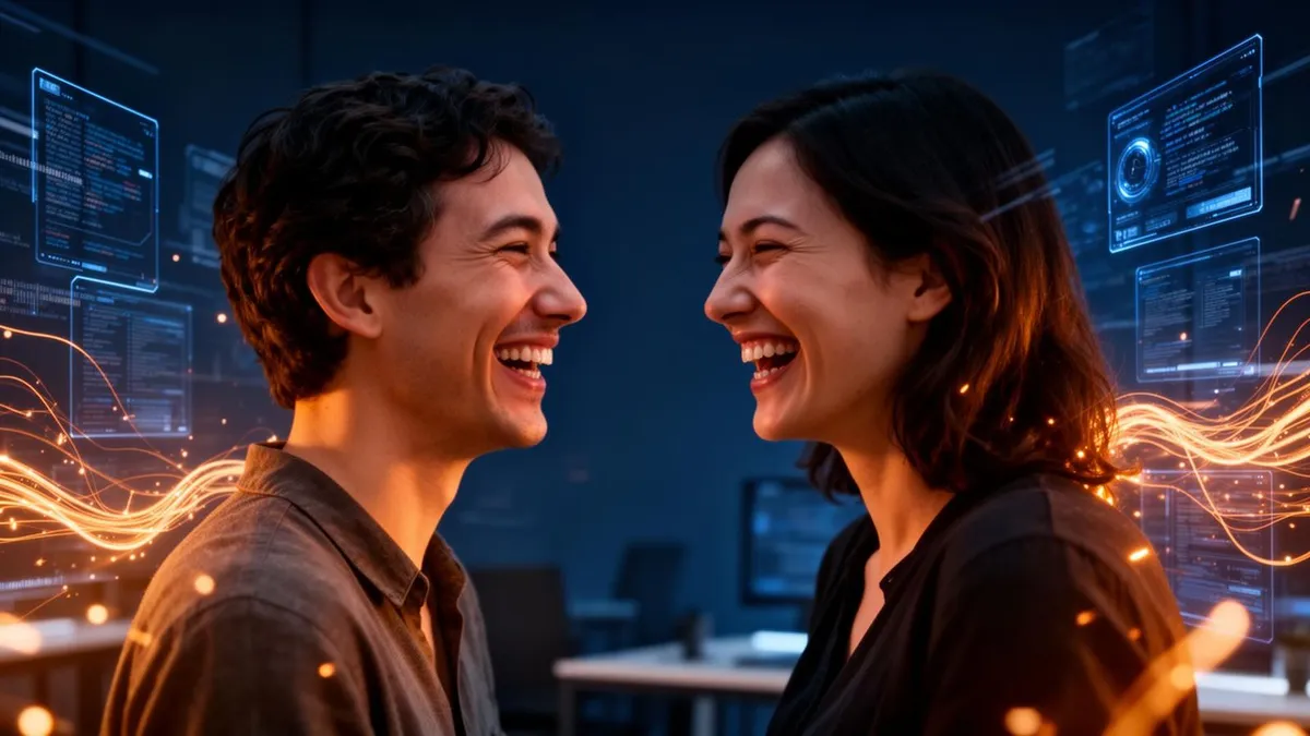 Editorial visual contrasting AI-generated abstract light with a real-world group moment.