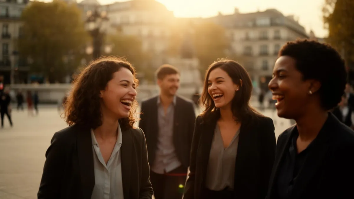 Colleagues laughing together outdoors in golden hour light.