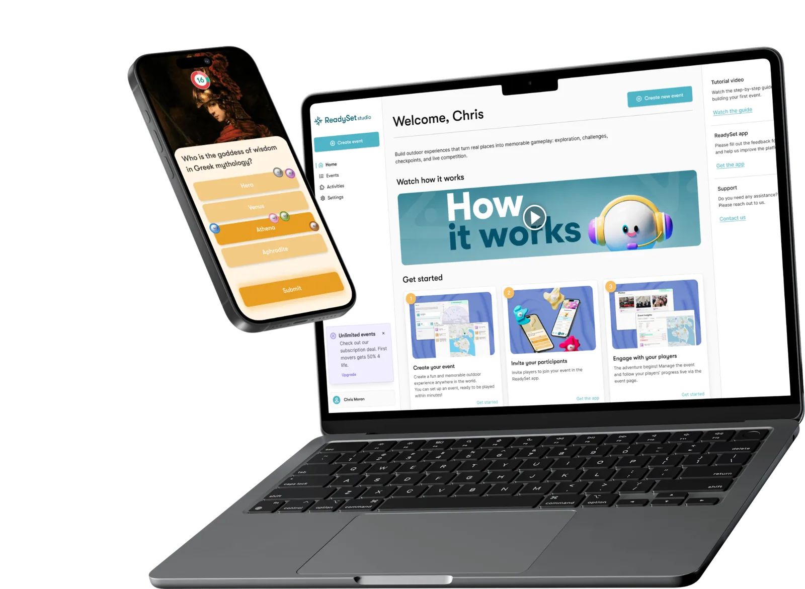 ReadySet event builder open on a laptop next to a live trivia mission running on a phone