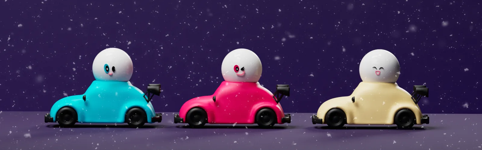 Three Lap of Lights racer characters, cyan, pink, and cream, lined up under falling snow on a midnight purple set.