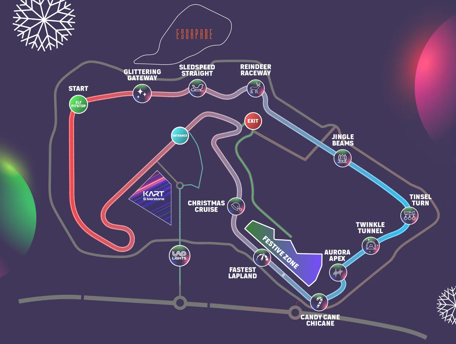Lap of Lights themed Silverstone circuit, renamed corners (Glittering Gateway, Sledspeed Straight, Reindeer Raceway, Tinsel Turn, Candy Cane Chicane) plotted on a deep midnight map.