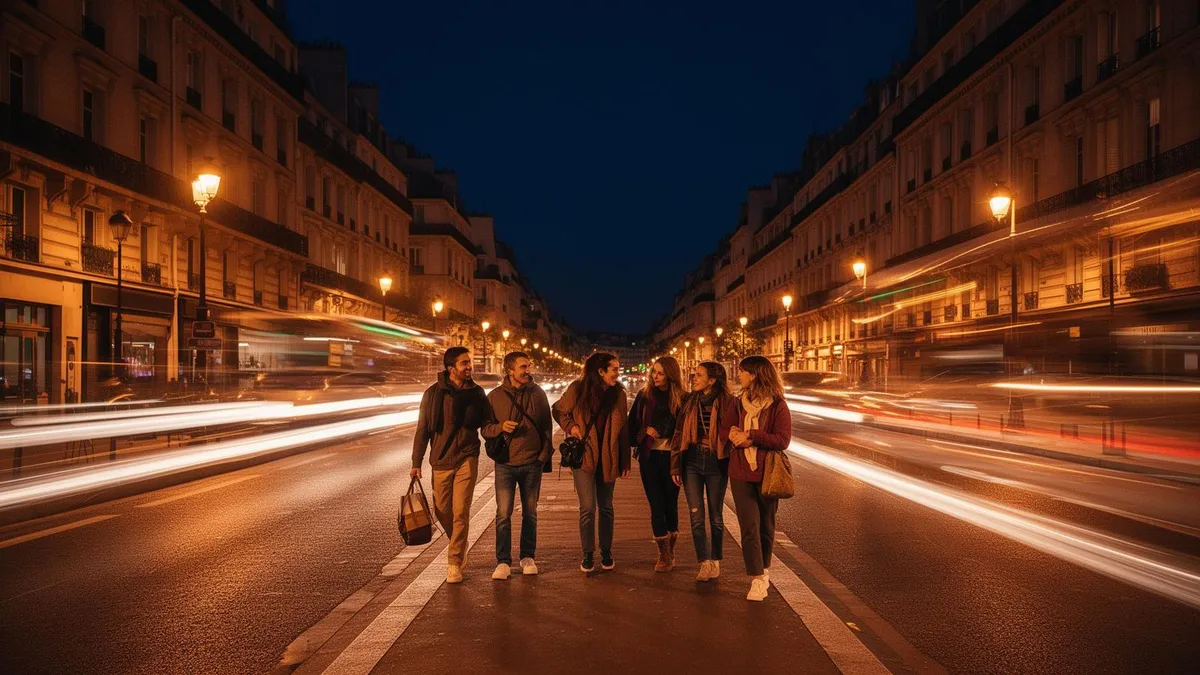 A small group of friends walking together down a wide European boulevard at night, surrounded by warm long-exposure car light trails.
