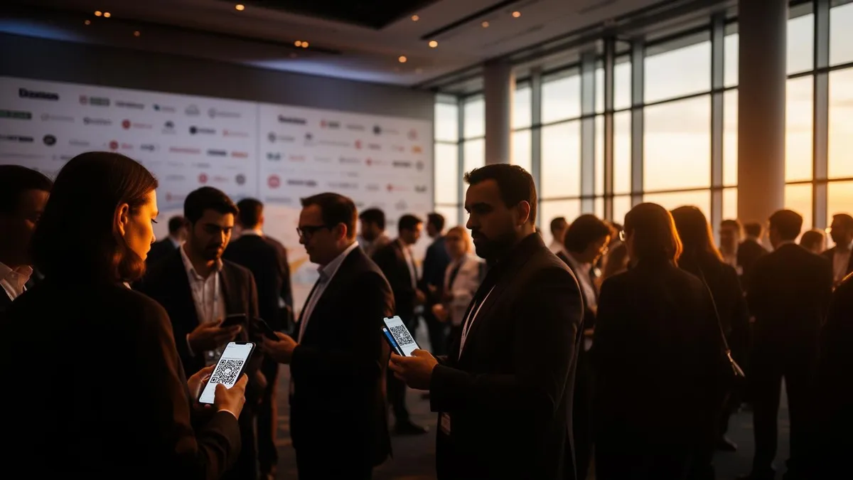 Editorial photograph of a modern conference venue at sunset, attendees holding phones with QR challenges, sponsor banners softly out of focus, candid networking energy.