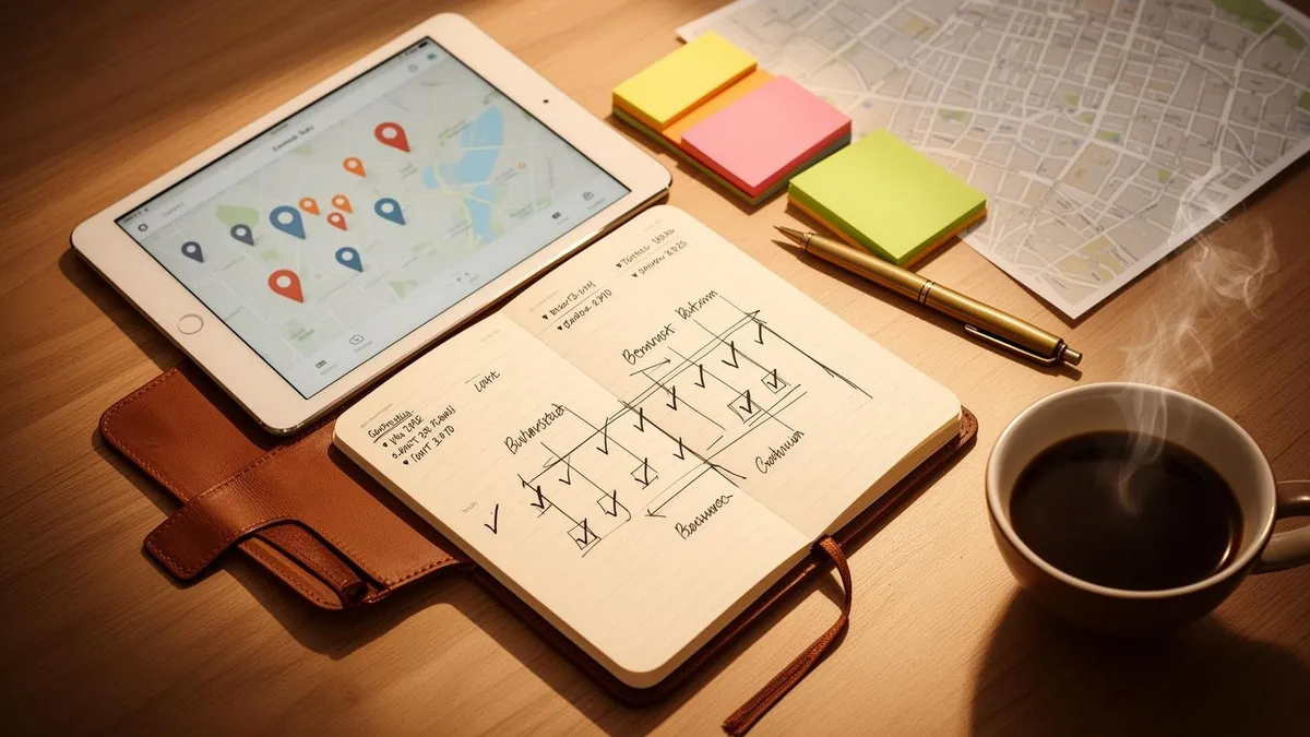 Editorial overhead photograph of an organizer's desk at night, open event-planning notebook with handwritten timeline, laptop showing a soft map interface, sticky notes, and a paper city map.