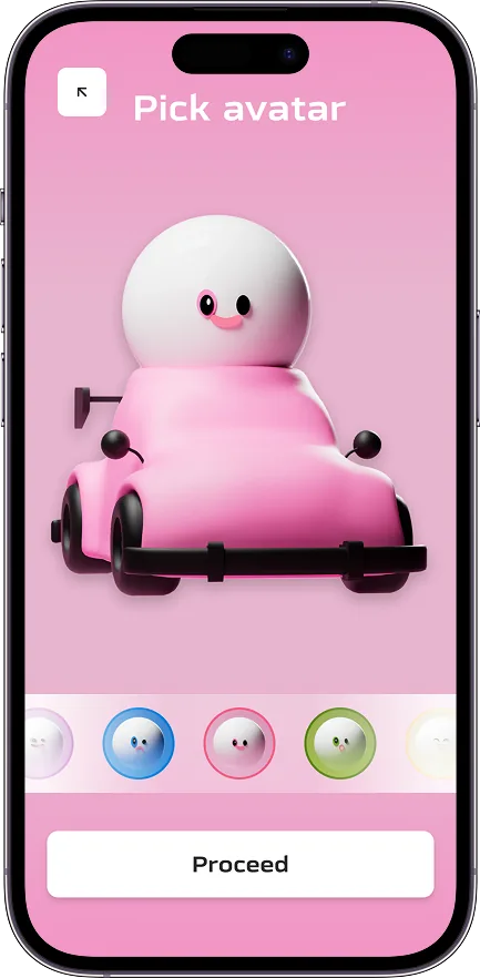 Lap of Lights branded avatar picker, a pink kart character with a colour swatch row below.