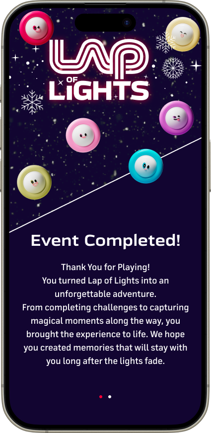 Lap of Lights post-event screen, branded LOL logo with a constellation of racer avatars and an Event Completed message.