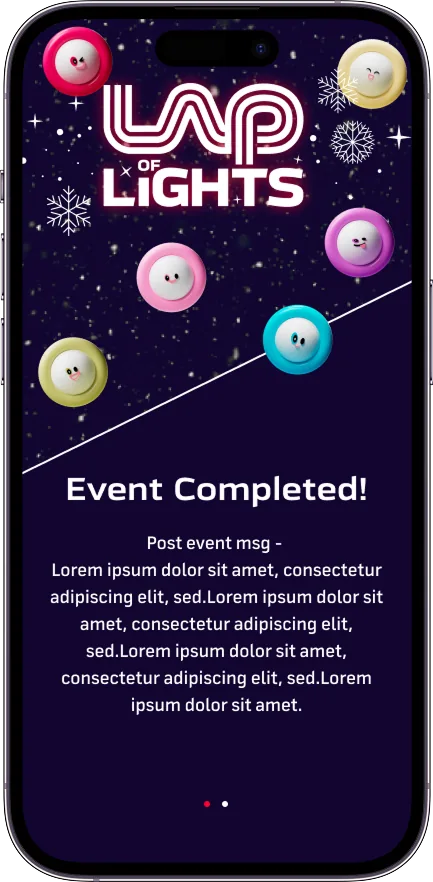 Lap of Lights post-event screen, branded LOL logo with a constellation of racer avatars and an Event Completed message.