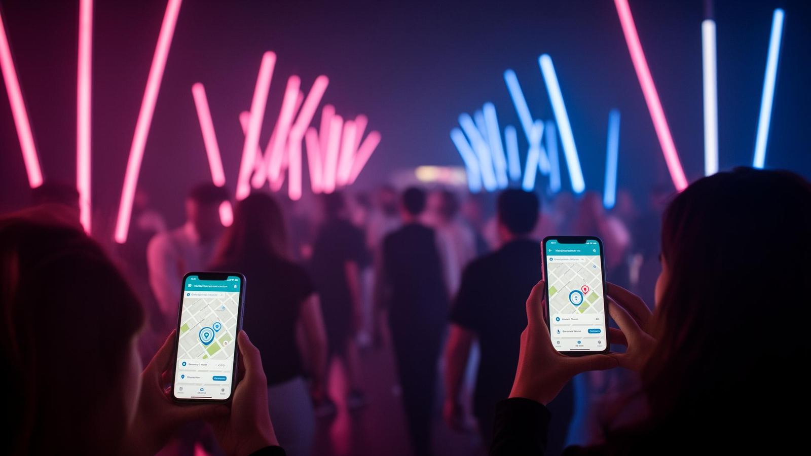 Cars rolling through pink and electric-blue light installations along the Silverstone circuit, drivers and passengers holding phones with the branded Lap of Lights map app open.