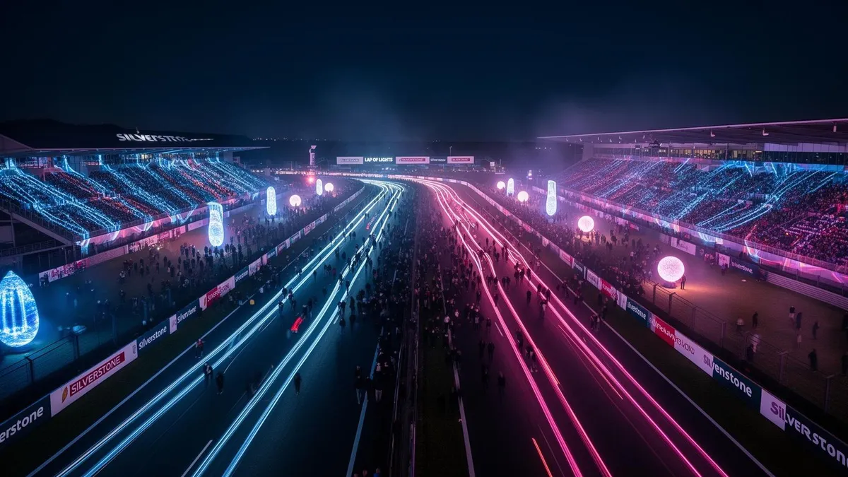 Silverstone circuit at night during the Lap of Lights branded activation, light trails sweeping past illuminated grandstands.