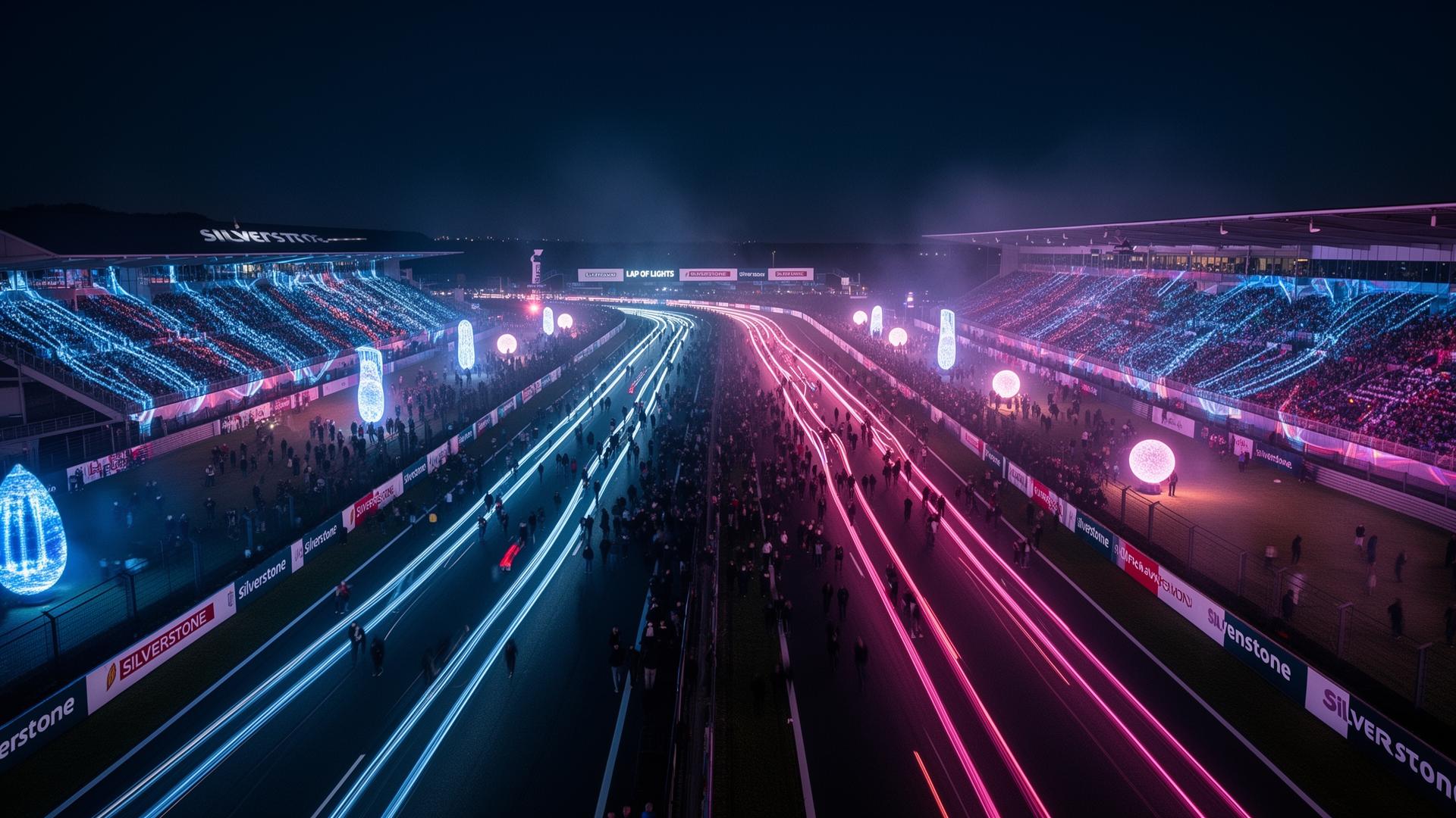 Silverstone Lap of Lights at night, long-exposure light trails sweeping across the circuit.
