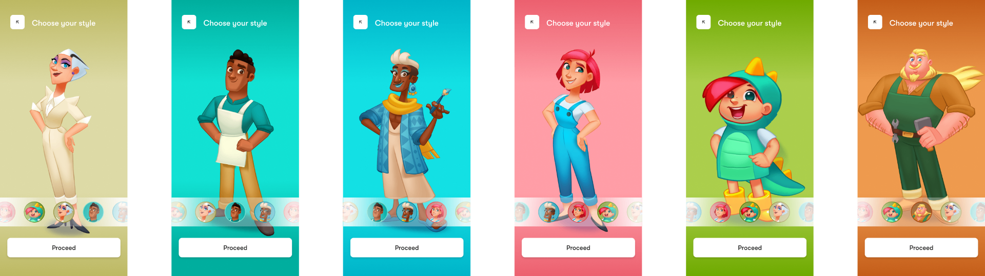 Three branded ReadySet phone screens showing the Trailmix wordmark, player-name entry, and a Choose-your-style avatar carousel featuring Trailmix's own character art.