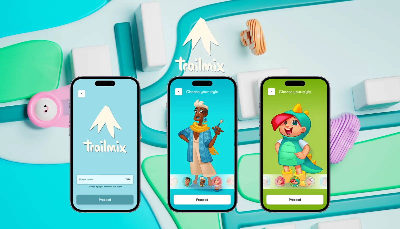 Trailmix branded ReadySet onboarding screens floating above a playful pastel game-world set.