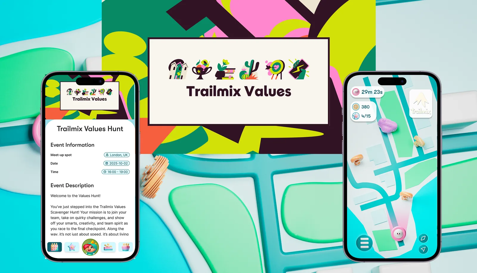 The Trailmix Values branded event world — a custom in-app card, themed map, and Values logo set in Trailmix's playful pastel art direction.
